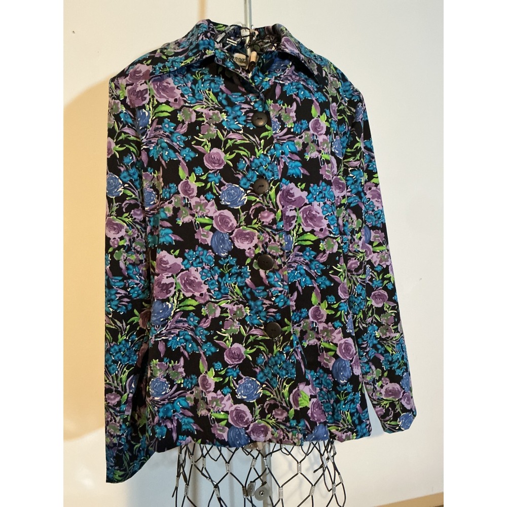 Joanna Womens Floral Button Front Shirt Purple Blue Long Sleeve Stretch Small